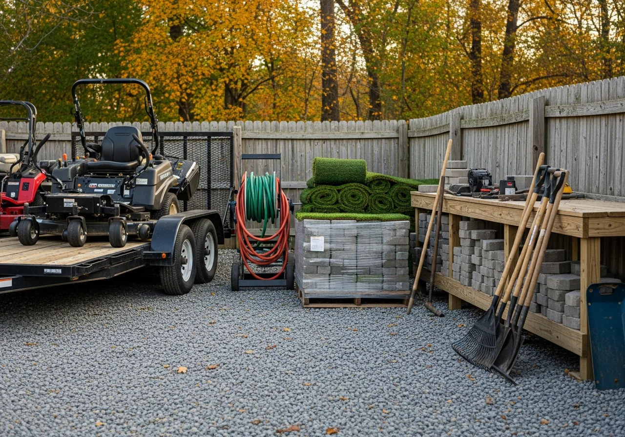 Landscaping crew with equipment and tools ready for residential and commercial projects.