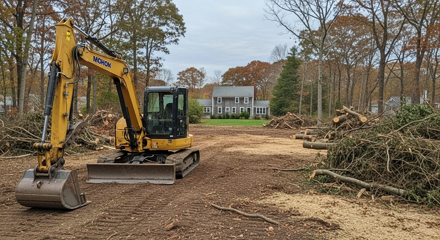 Excavation equipment clearing overgrown land for new construction or development
