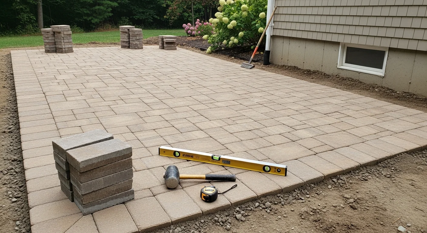 Newly installed paver patio with retaining wall in a residential backyard