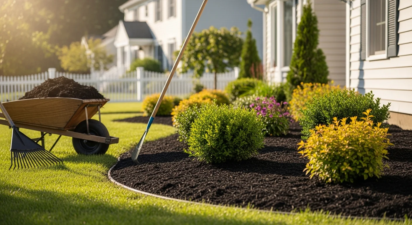 Professional landscaping crew installing new lawn and plantings in a residential yard