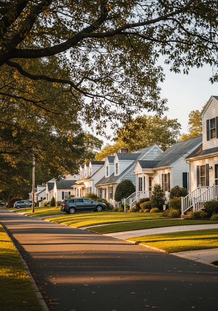 Groton neighborhood street showing diverse home styles and community character.