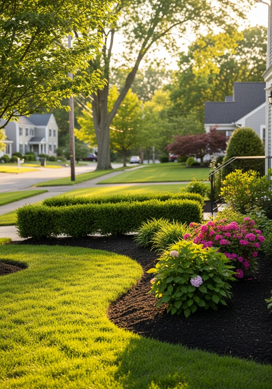 Residential street in Ledyard showing mix of home styles and established neighborhood character.