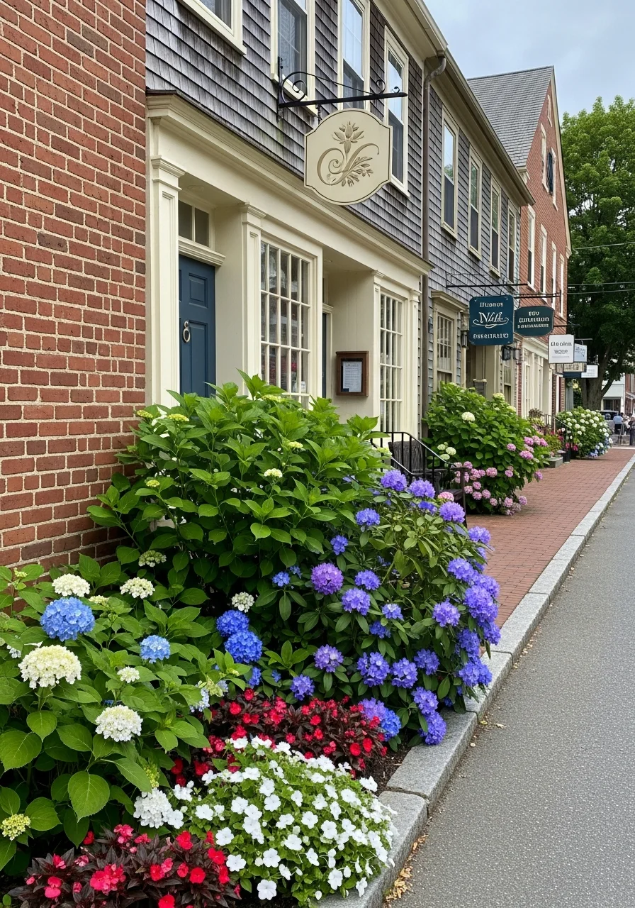 Mystic village street showing historic storefronts and residential character.