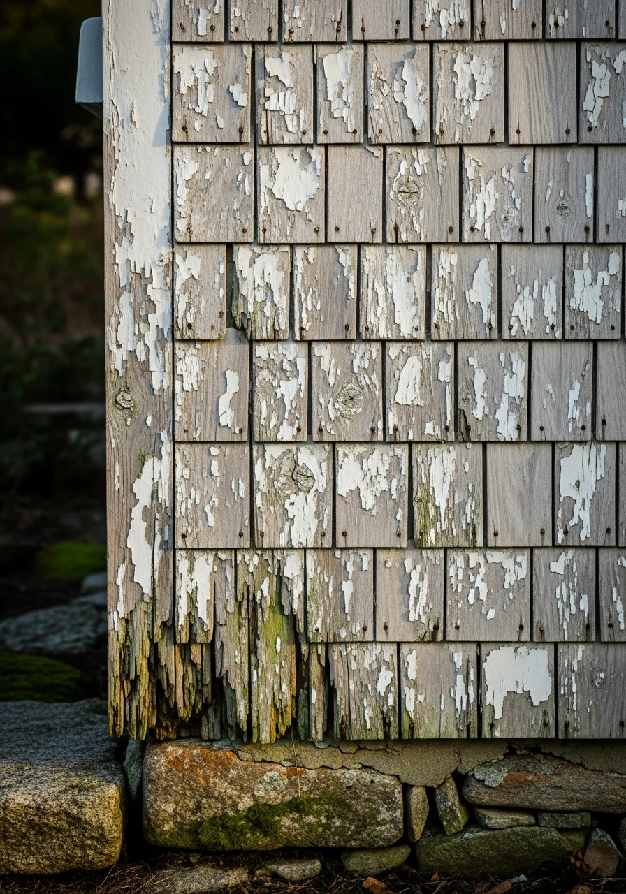 Close-up of weathered exterior on a Noank waterfront property showing salt-air effects.