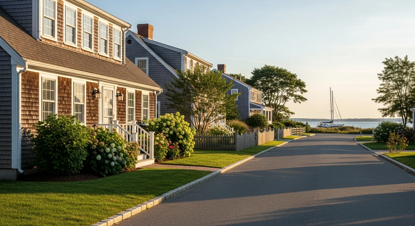 Coastal village street in Noank with historic homes and waterfront views in the background.