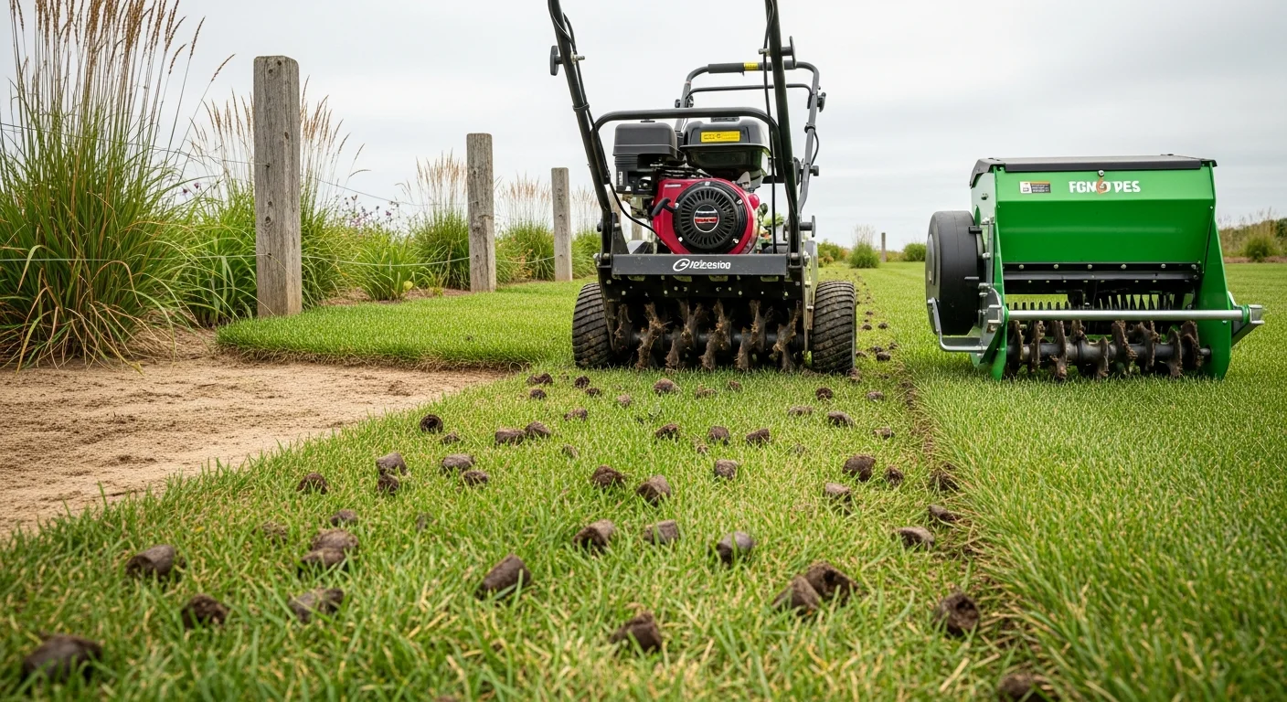 A Noank, CT residential lawn after core aeration and overseeding, showing rows of soil plugs on the surface and fresh grass seed spread evenly across a thin, patchy turf area. The lawn sits beside a coastal New England home with mature trees providing partial shade.