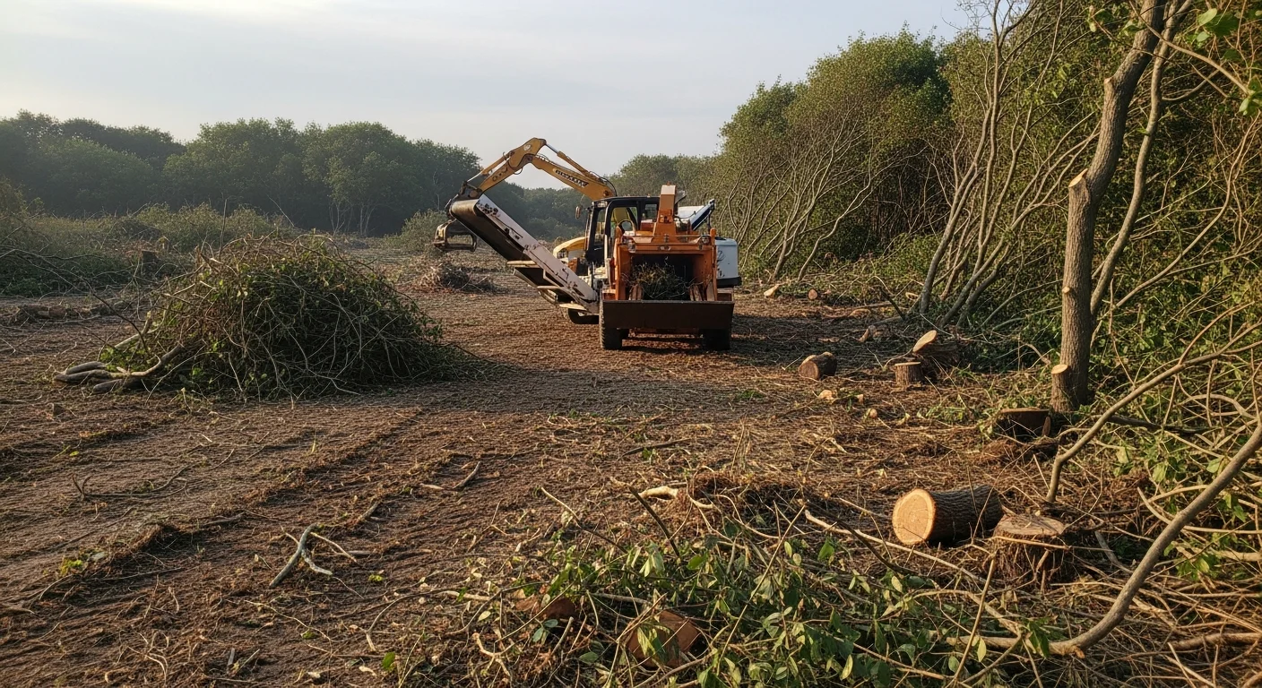 A cleared residential lot in Noank, Connecticut after brush removal, showing open ground free of overgrown shrubs, vines, and woody debris. An excavation contractor's equipment is visible at the edge of the cleaned property.
