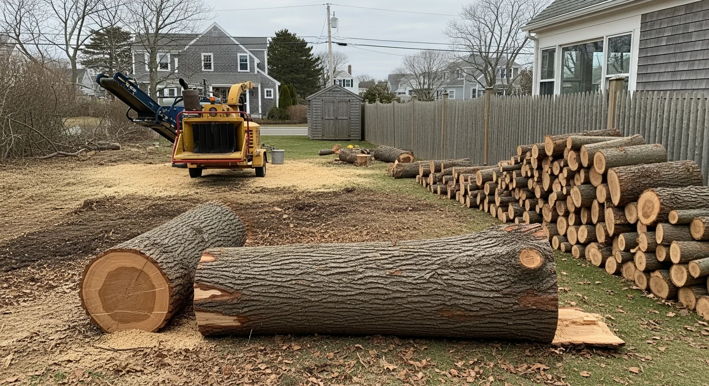A large dead tree being removed in sections in a residential Noank, Connecticut yard, with a crew working near a wood-framed home on a tight coastal lot. The cleared area shows clean ground after debris removal.