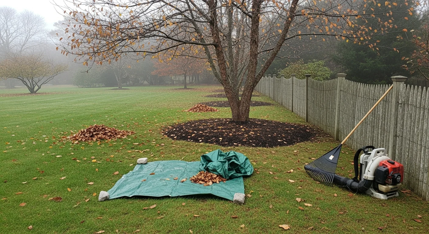 A Noank, CT residential yard after a professional fall cleanup, showing a cleared lawn, tidy garden beds, and no leaf debris remaining on the grass or borders. A mature tree canopy is visible in the background near the coastal property.