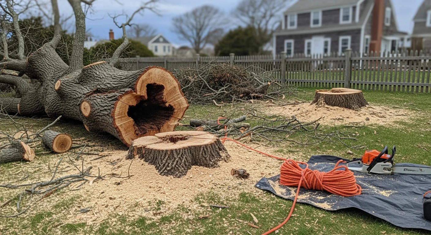 A large hazardous tree with a split trunk being removed in sections by a tree service crew in a residential yard in Noank, Connecticut. The surrounding home and fence are protected while the tree is cut down in controlled stages.