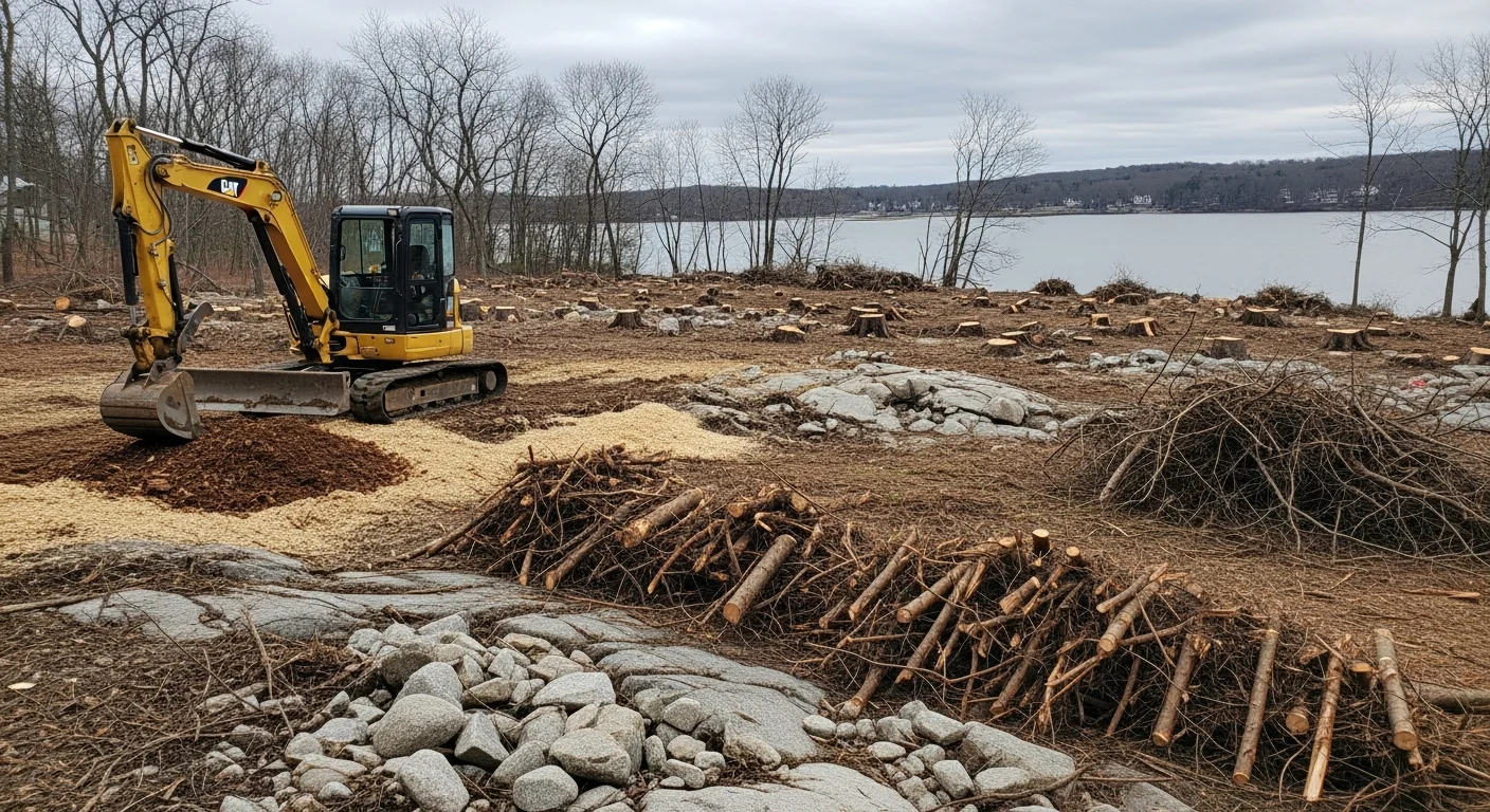 A cleared residential lot in Noank, Connecticut showing bare, level ground after tree and brush removal on a sloped coastal property. Heavy equipment tracks are visible at the edge of the site where dense overgrowth was removed.