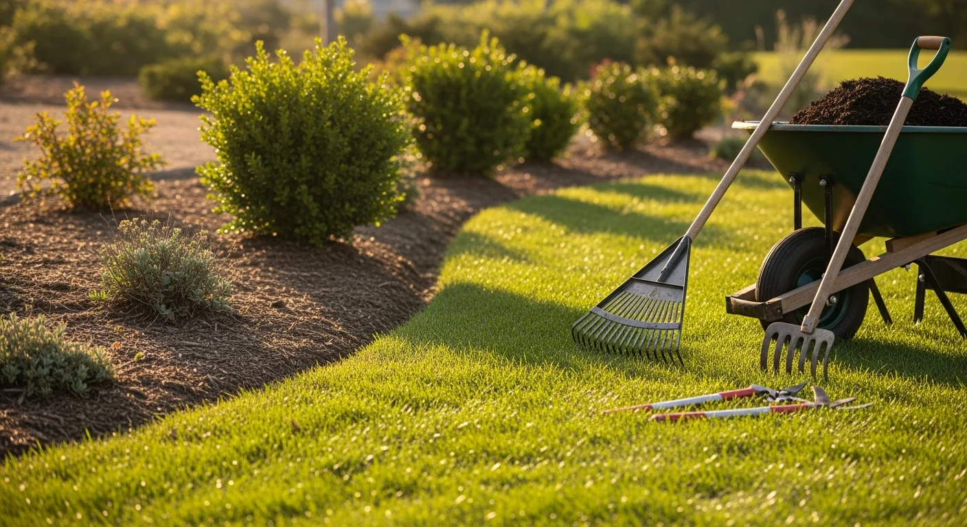 A neatly mowed and edged residential lawn on a Noank, CT village property, with trimmed shrubs and clean garden beds visible along the front of a historic coastal home.
