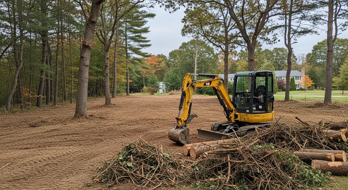 A freshly cleared residential lot in Noank, Connecticut, with trees, stumps, and brush fully removed and the ground rough-graded and ready for construction. An excavator is visible at the edge of the cleared area near a wooded property line.