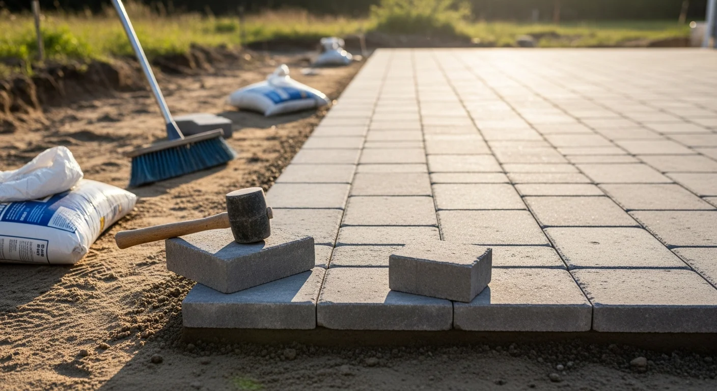 A completed paver patio installed by H&H Landscaping LLC at a residential property in Noank, CT, showing a level interlocking paver surface with clean joint lines set against a coastal New England backyard.