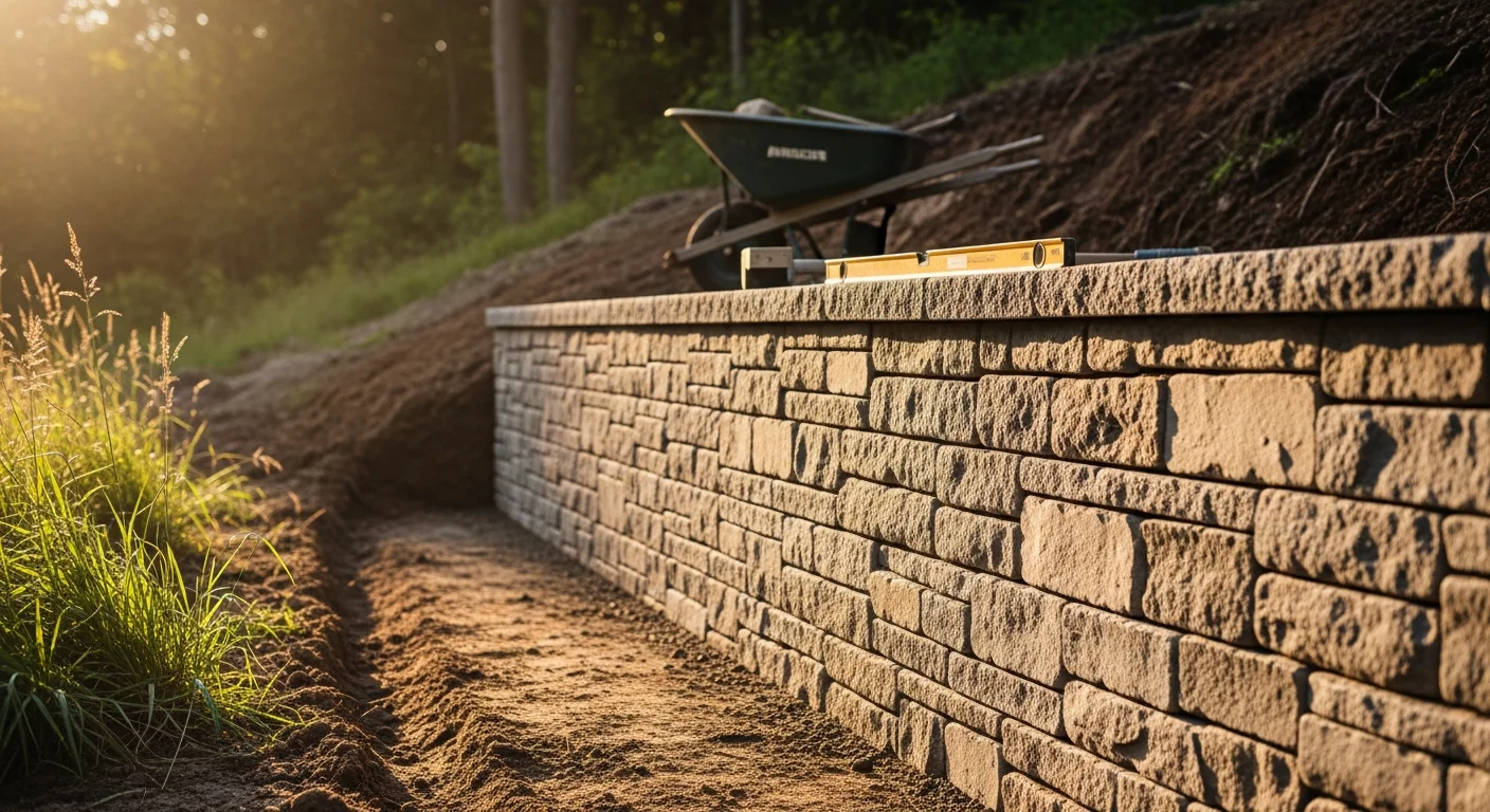 A newly constructed stone retaining wall on a sloped residential lot in Noank, Connecticut, with level ground created behind the wall and a tidy lawn above. The wall runs along the edge of the yard near a coastal New England home with a visible grade change from street to garden level.