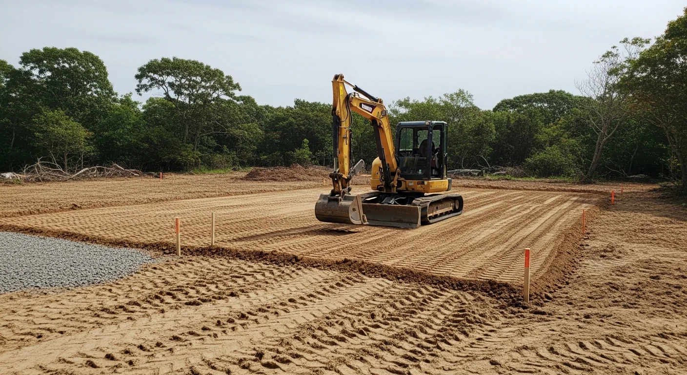 A Noank, CT residential lot after site preparation, showing cleared and graded earth with a level base ready for construction. An excavator sits at the edge of the prepared ground with the coastal New England landscape visible in the background.