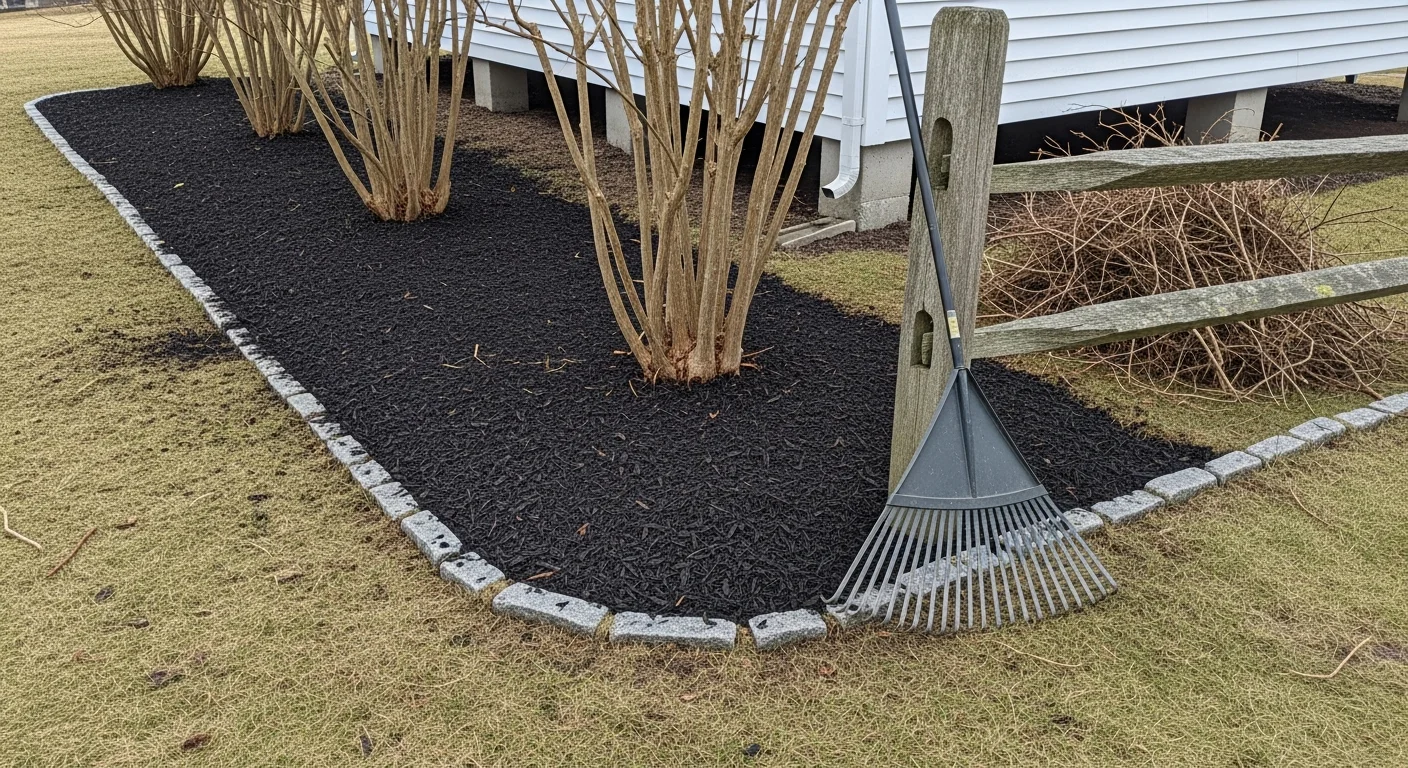 A Noank residential yard after spring cleanup, with cleared garden beds, raked lawn, and trimmed shrubs along a historic coastal Connecticut property. Debris has been removed and bed edges are defined, showing the lawn ready for the growing season.