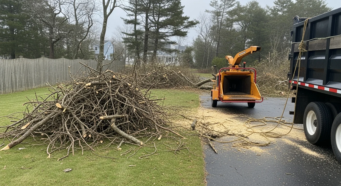A Noank residential yard after storm debris removal, showing a cleared lawn with no fallen branches or tree sections remaining. A coastal single-family home is visible in the background with an open driveway.