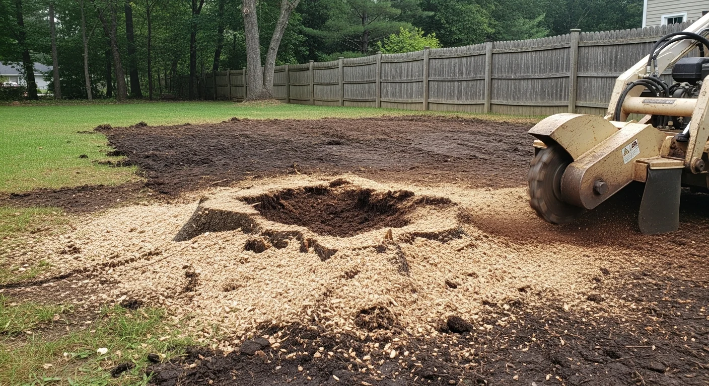 A freshly ground tree stump reduced to wood chips at ground level in a residential yard in Noank, CT. The surrounding lawn and garden bed remain undisturbed after the stump grinding service.