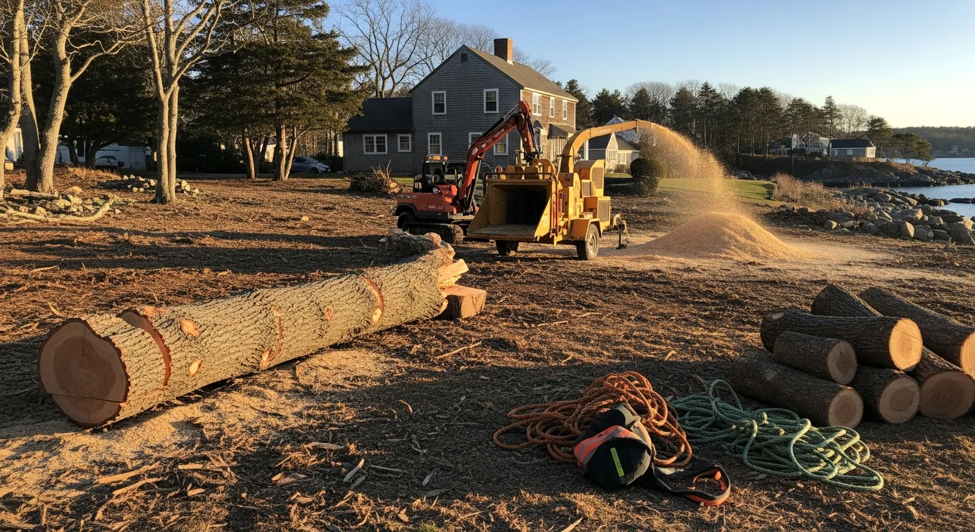 A large oak tree being removed in sections in a residential yard in Noank, CT, with a crew working near a historic coastal home. Debris is staged on the lawn for cleanup after the cut.
