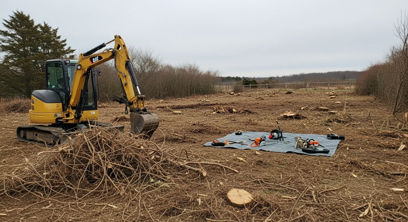A cleared residential lot in Noank, CT after vegetation removal, showing bare ground and open fence line where dense brush and vines have been cut and hauled away. An excavation contractor's equipment is visible at the edge of the cleared area.